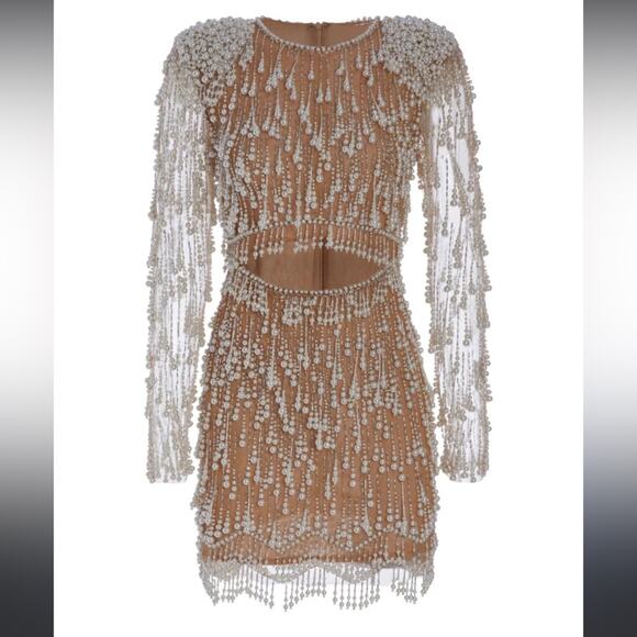 NWOT Patbo FULLY BEADED PEARL CUT-OUT Long Sleeve illusion COCKTAIL DRESS sz 2 - Picture 2 of 9